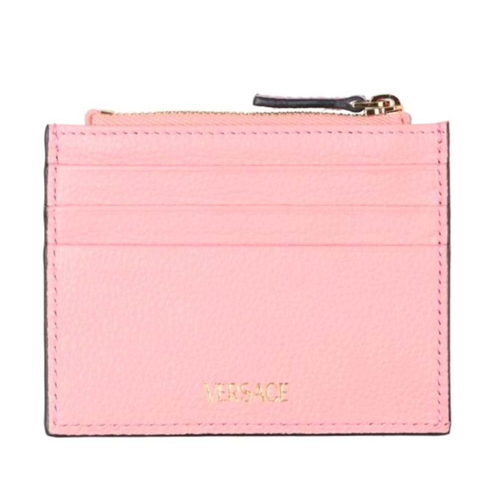 VERSACE Gold Metal Logo Virtus Calfskin Grain Pink Leather ID Card Coin Holder - Picture 3 of 12